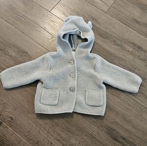 Gray Knit Sweater With Buttons, Hood With Ears, 100% Cotton, 3-6 Months